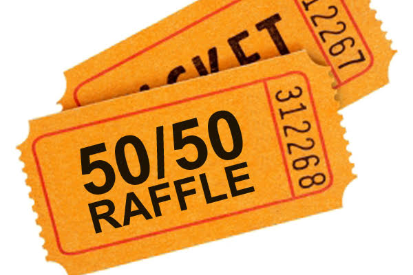 Two overlapping orange raffle tickets on a white background, the front one printed 50/50 RAFFLE with the serial number 312268