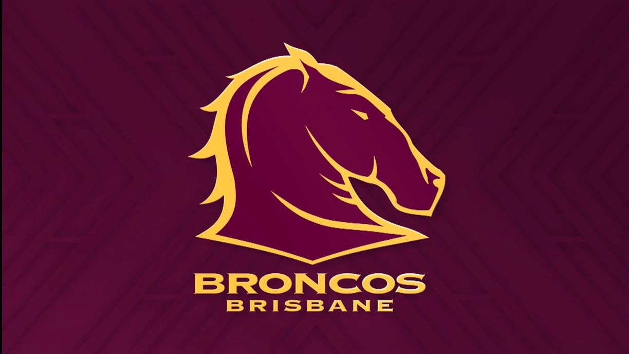 The Brisbane Broncos logo, a gold and maroon horse’s head on a maroon background
