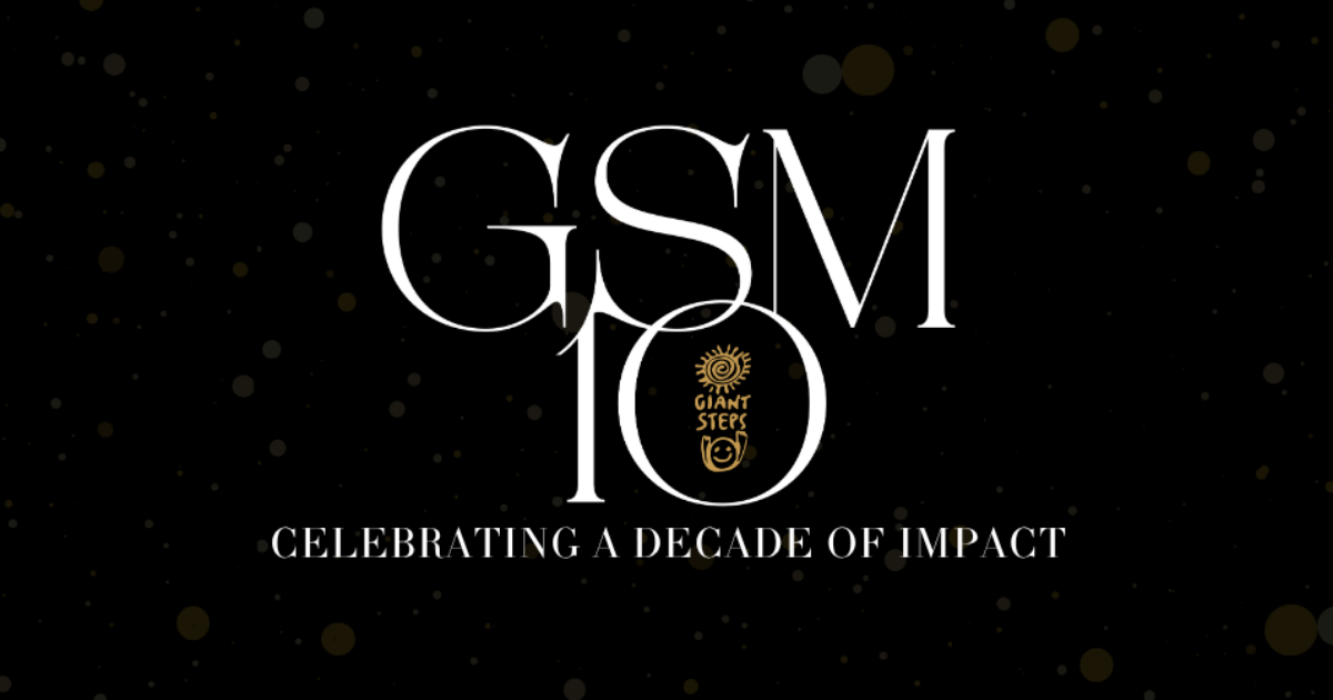 The GSM Ball Raffle banner: the letters GSM above a large 10, with the Giant Steps logo set inside the zero, over the line Celebrating a Decade of Impact.