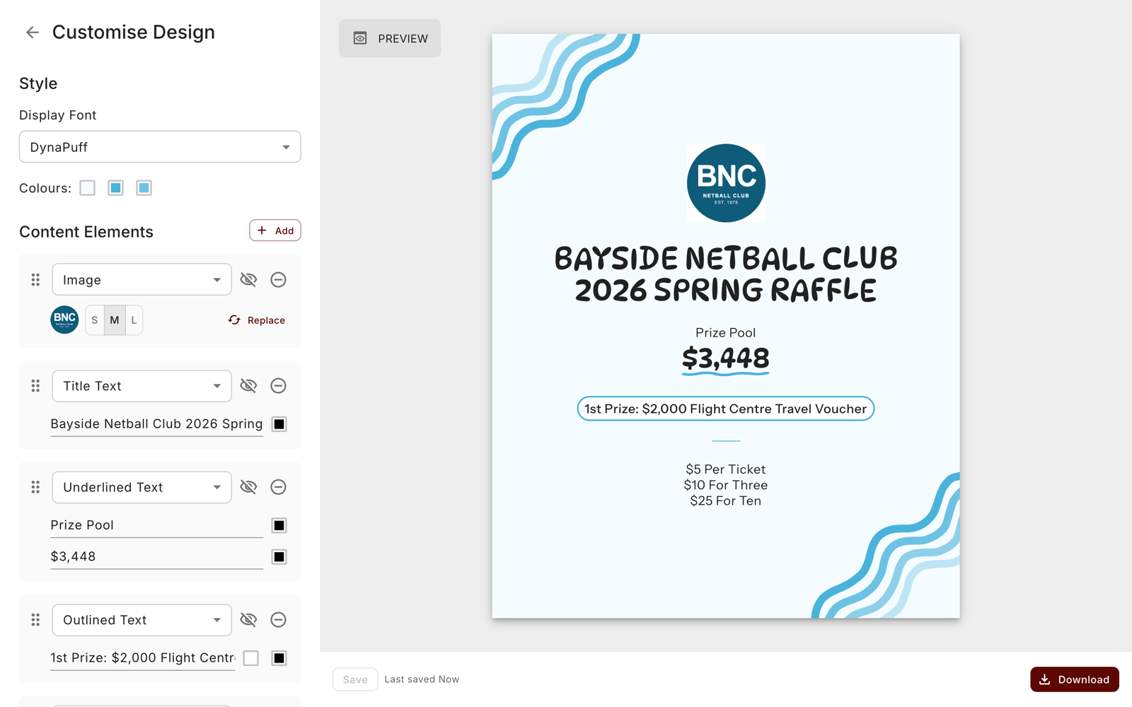The design editor showing a 4:5 social media post in the Doodle theme: the club logo, the raffle title in a rounded display font, the $3,448 prize pool underlined, the first prize in an outlined pill and three ticket prices, with the Style and Content Elements panels on the left