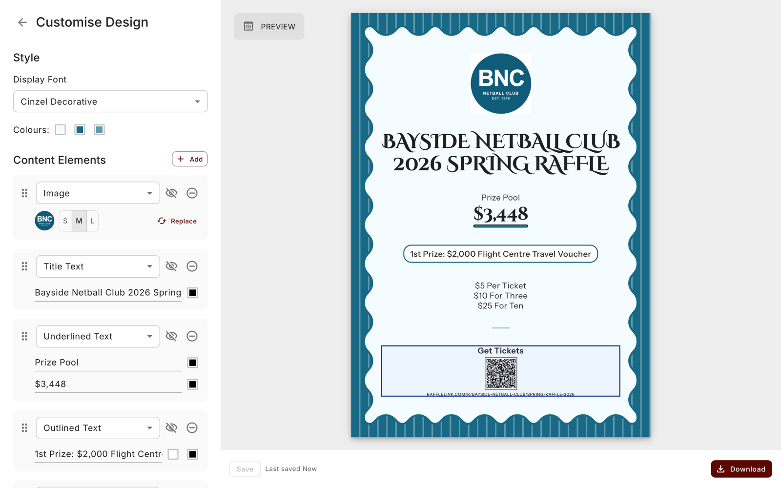 The design editor showing an A4 poster in the Retro theme with a scalloped teal frame, the Cinzel Decorative display font selected, the three theme colour swatches, and the Content Elements list with Image, Title Text, Underlined Text and Outlined Text cards beside the poster, which ends in a Get Tickets QR code