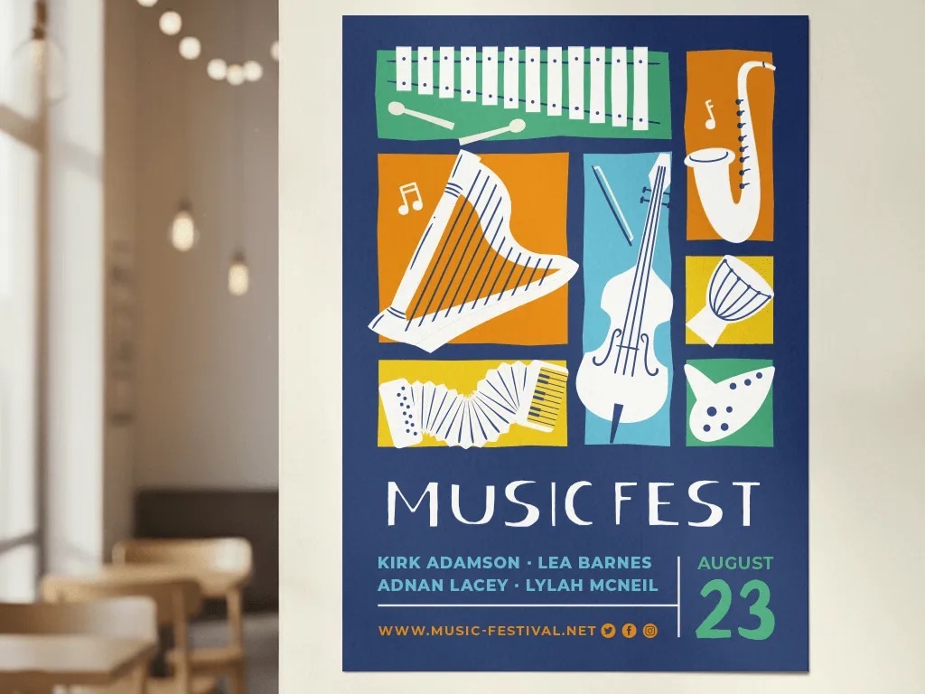 A Music Fest poster in navy, orange, teal and yellow, illustrated with a harp, a cello, a saxophone, an accordion and a xylophone, pinned to a café wall