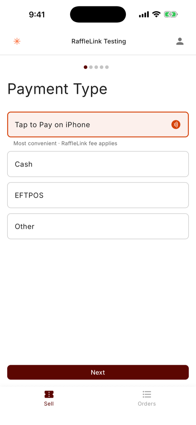 The app's Payment Type step, with Tap to Pay on iPhone selected above Cash, EFTPOS and Other