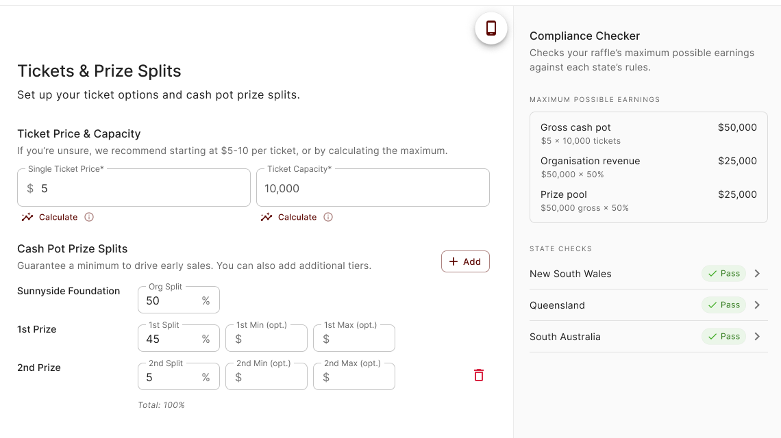 The 50/50 split designer in the raffle builder: prize tiers, percentages and a guaranteed minimum