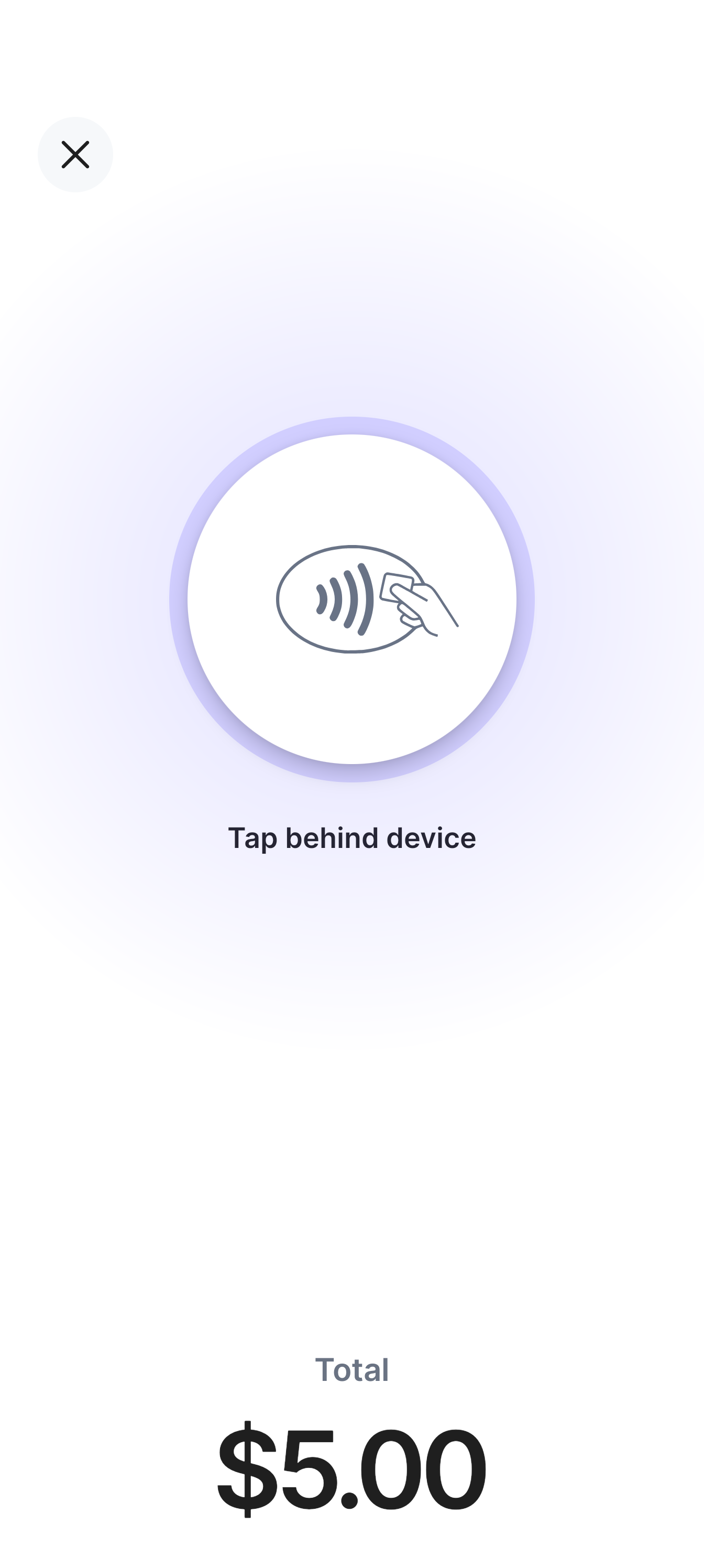 The Ticket Booth app's Tap to Pay sheet: a contactless symbol with the prompt to tap behind the device, and a $5.00 total