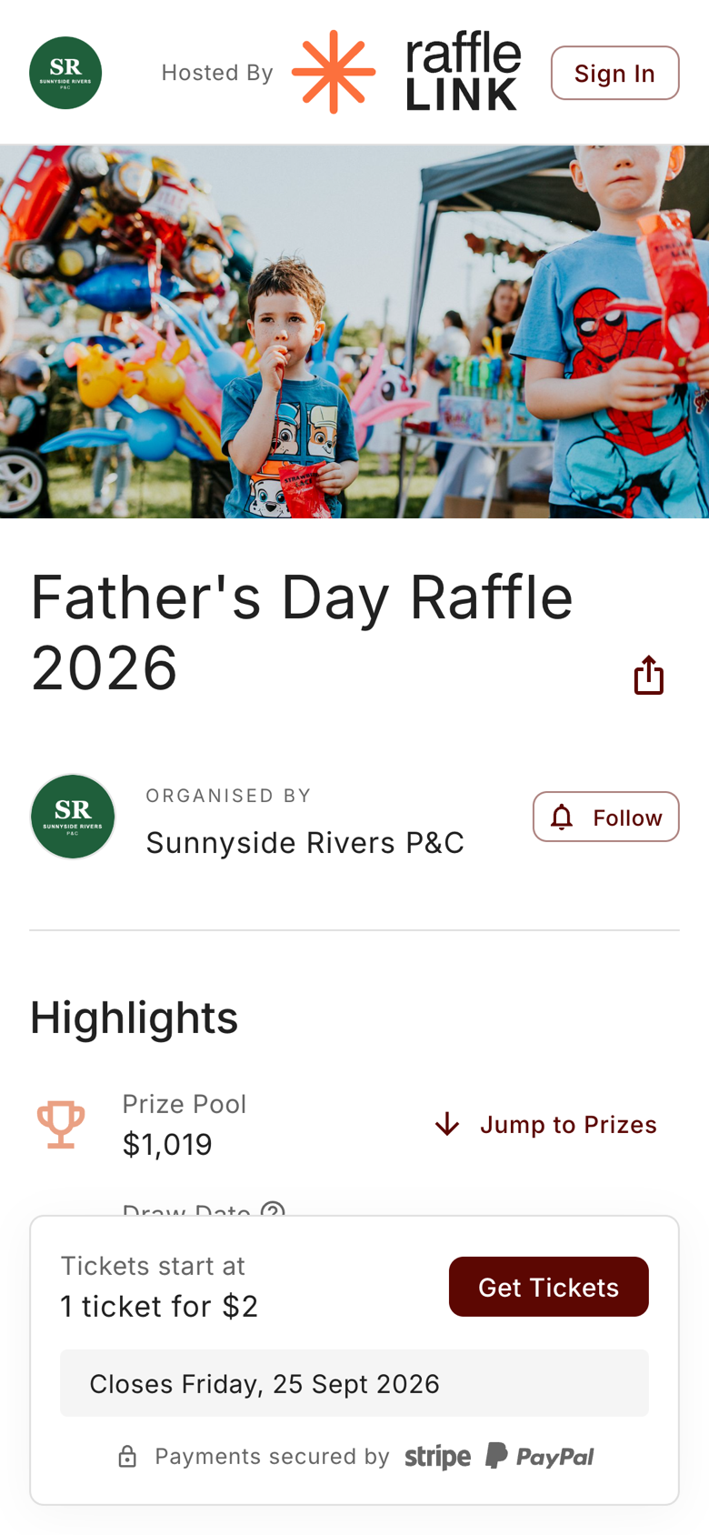 A school raffle page on a phone: a banner photo from the fete, the raffle title, the P&C's name with a Follow button, the prize pool, and a Get Tickets bar showing one ticket for $2
