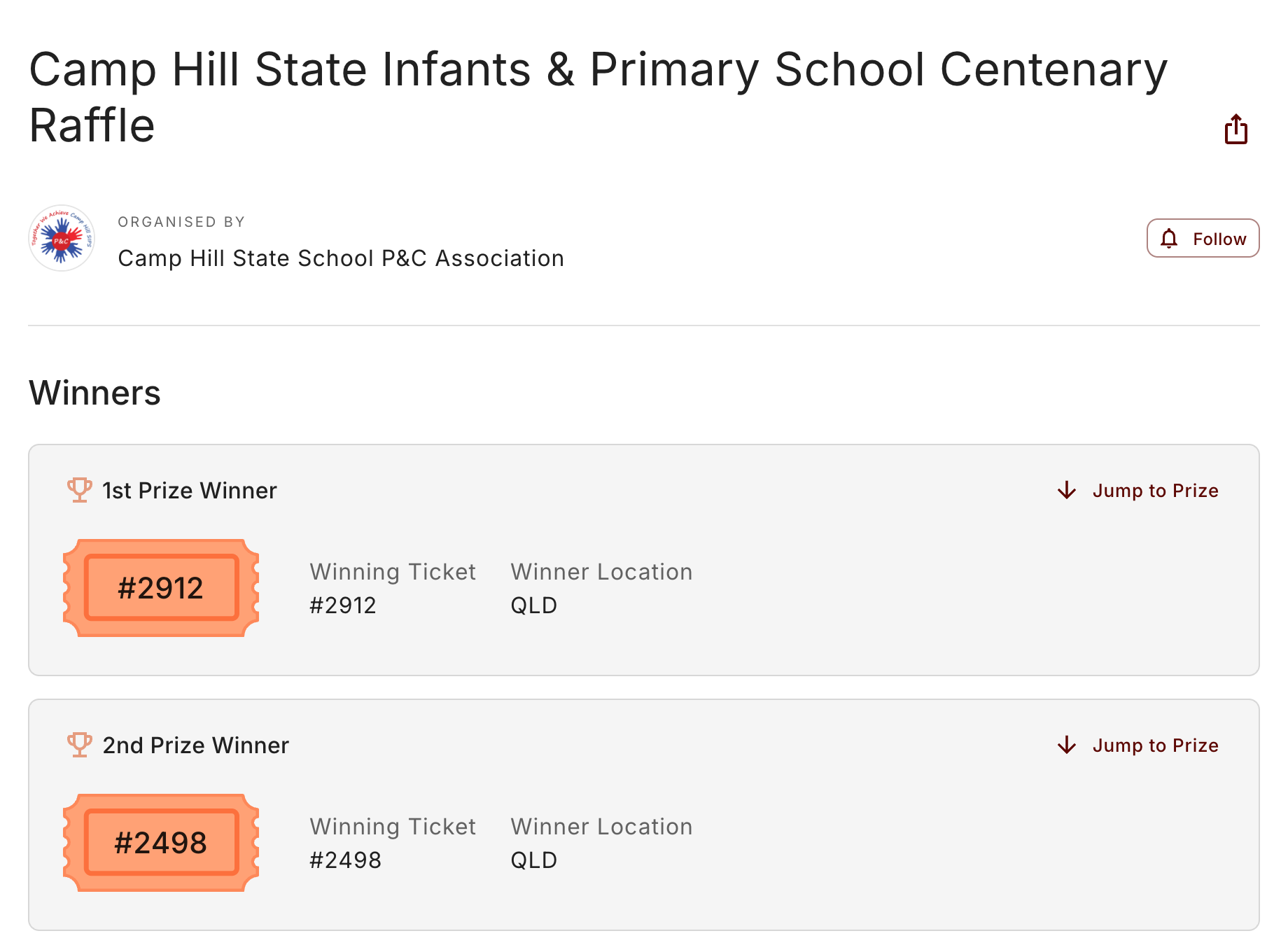 A published results page on RaffleLink: the Camp Hill State School P&C Centenary Raffle, with the 1st and 2nd prize winners shown as winning ticket numbers 2912 and 2498 and the winner location, Queensland